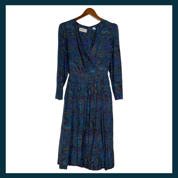 Vintage Albert Nipon Silk Midi Dress Blue Floral Paisley Pleated 90s Size 2 - Picture 1 of 15